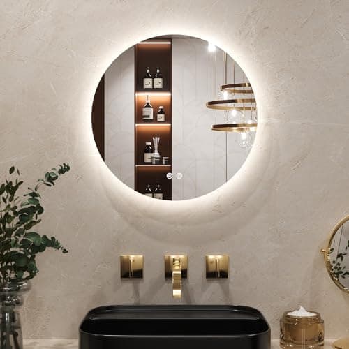 Image of Keonjinn Round Bathroom Mirror with LED Lights, 50cm Illuminated Light Up Bathroom Mirror with Backlit Light, Anti-Fog Wall Mounted Vanity Mirrors 3 Colors Dimmable, Memory Function