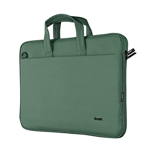 Image of Trust Bologna Sustainable Slim Laptop Bag 16 Inch with Shoulder Strap, Eco Bag, Recycled Plastic Laptop Case, RPET Work Bag, Lightweight Carrying Case for Travel, Business, Office, School - Green