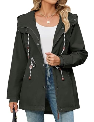 Image of CMTOP Jackets For Women Casual Hooded Softshell Jacket Drawstring Zip Up Parka Lightweight Outdoor Windbreaker with Pockets Windproof Transition Coats for Spring Fall(Army Green, S)