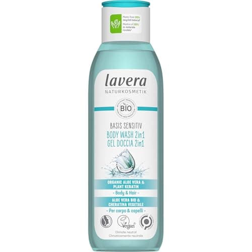 Image of lavera basis sensitiv Body Wash 2in1 - Protects the skin flora - Natural Cosmetics - Vegan - With organic aloe vera and plant keratin - silicone-free - 1 x 250 ml
