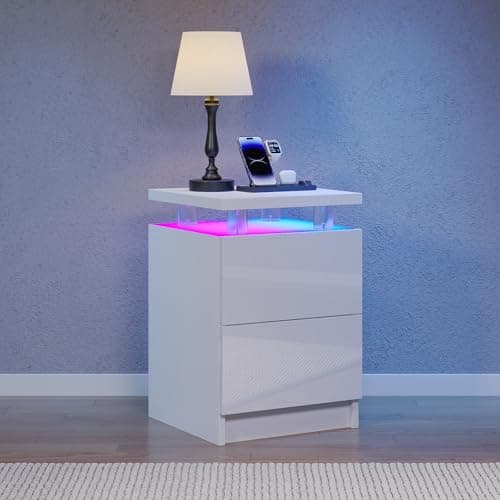 Image of Nordivale Beside Table with RGB LED Lights, Bedside Cabinet with 2 Drawers, Bed Side Table for Bedroom, Living Room, White, 1 Pack