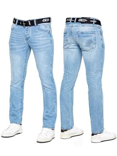 Image of 989Zé ENZO Mens Jeans Classic Straight Leg Casual Cotton Regular Fit Denim Pants Free Belt EZ384 Light Blue 34W / 32L