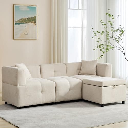Image of Merax Corner Sofa with Removable Storage Ottoman, 3 Seater Sofas for Living Room, L Shaped Sofa with 2 Pillows, 80 Inch Linen Fabric Modular Sofa Couch for Home Apartment Office, Beige