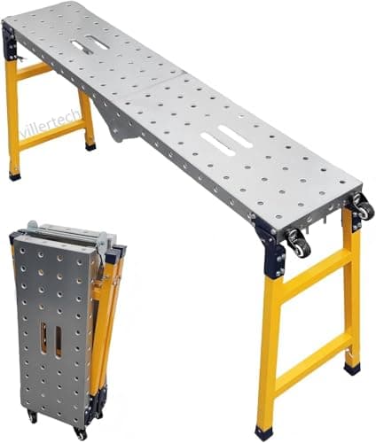 Image of Villertech Folding Scaffolding Platform 1100 Lbs Height Adjustable Anti Slip Steel Step Ladder Stool with Galvanized Coating Rubber Feet for Construction RV Washing Roof Snow Removal (150CM)