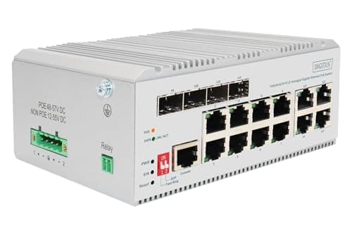 Image of DIGITUS PoE Network switch - 12-port Gigabit Ethernet - 8x RJ45 + 4x SFP/RJ45 combo - L2 managed - 10/100/1000 Mbit/s - DIN rail mounting - Industrial series - white