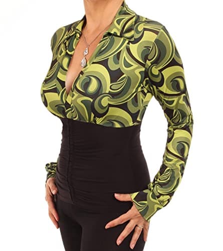 Image of Blue Banana Women's Printed Collared Long Sleeve Stretchy Top - Green Retro Size 10