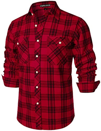 Image of PARKLEES Men's Casual Regular Fit Button Up Flannel Checked Plaid Shirts with Pockets PZLCL41 Black Red M