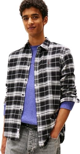 Image of Tommy Jeans Mens TJM Reg Flannel Check Ext Dm0dm22024 L/S Shirt, Black (Black/Big Check), XXL UK