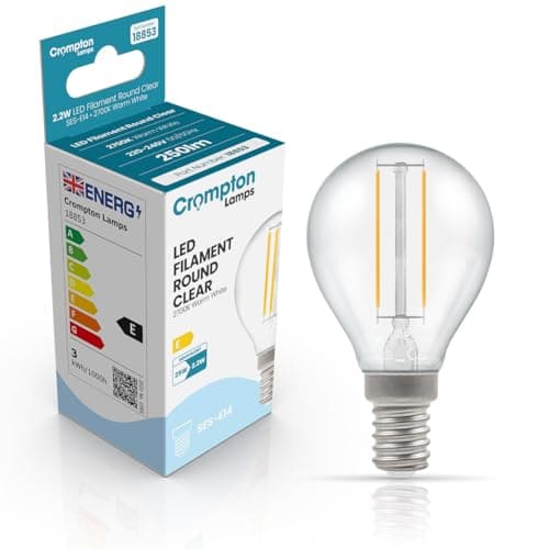 Image of Crompton Lamps Filament Golfball LED Light Bulb SES-E14 | 2.2W = 25W Equivalent | Warm White 2700K | Energy Efficient | Small Screw Lightbulb | Long Life 15,000-Hrs | Clear Glass