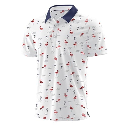 Image of QIXING Summer Mens Golf Polo Shirts Moisture Wicking Printed Short Sleeve Quick Dry Polo T Shirts for Men Casual Golf Tops (White Flamingo&Cocos, XL)