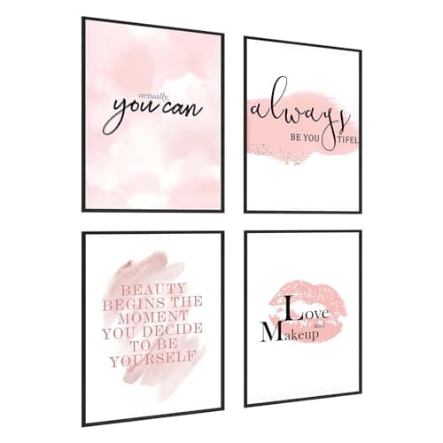 Image of KLPOARTQ Set of 4 Frame Glamorous Pink Makeup Fashion Art Canvas Painting Posters Wall Decor Motivational for Girls' Room Pictures Prints Home Decoration