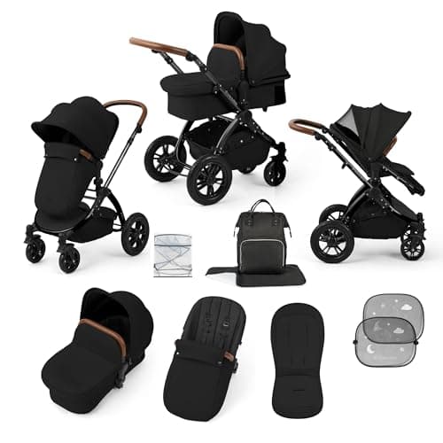 Image of Ickle Bubba Stomp Luxe 2-in-1 All-Terrain Pram (Black Chassis, Midnight/Tan) - Birth to Approx. 4 Years, Includes Rain Cover, Footmuff, Apron & Sunshade, Foldable with Puncture-Proof Wheels