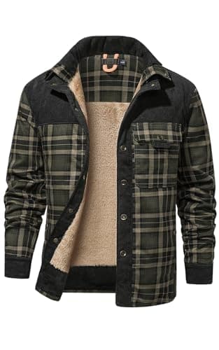 Image of HYPESTFIT Mens Jacket Flannel Fur Lined Button Warm Lumberjack Fleece Padded Long Sleeve Casual Dark green L