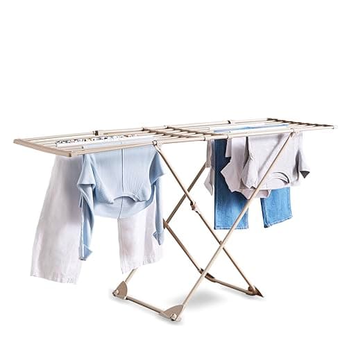 Image of Tower T873022MSH Extending Airer with Telescopic Poles, 16 Hanging Clips, Racks for Shoes, Foldable Design, Integrated Wheels, Weight Capacity 17kg, Latte