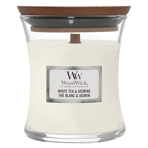 Image of WoodWick Scented Candle with Crackling Wick | White Tea & Jasmine Mini Hourglass Candle | Up to 20 Hours Burn Time | Perfect Gifts for Women