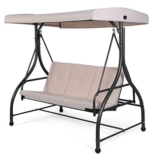 Image of COSTWAY 3 Seater Garden Swing Chair, Convertible Outdoor Hammock Bench Chair with Adjustable Canopy and Cushions, Steel Frame Porch Patio Swing Seat Lounger for Balcony, Deck and Poolside (Beige)