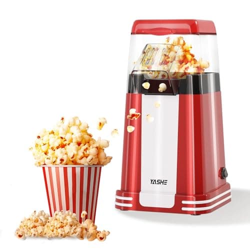 Image of YASHE Popcorn Machine Retro, 1200 W Hot Air Popcorn Maker with Measuring Cup, One-Touch, Oil-Free is Perfect for Home Theatres, Movie Nights, Parties, Red