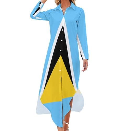 Image of Saint Lucia Flag Maxi Dress for Women Button Down Casual Shirt Long Dresses 6XL