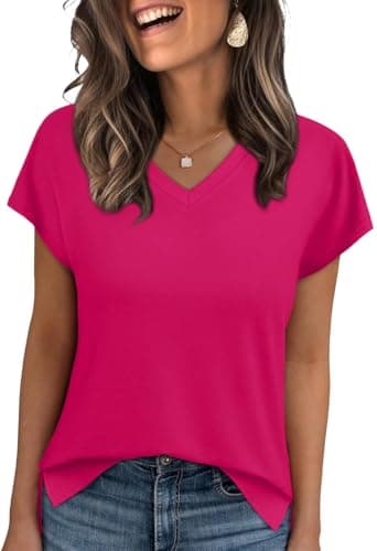 Image of WIHOLL T Shirts for Women V Neck Summer Tops Ladies Short Sleeve Casual Tee Hot Pink Tops Size 18-20