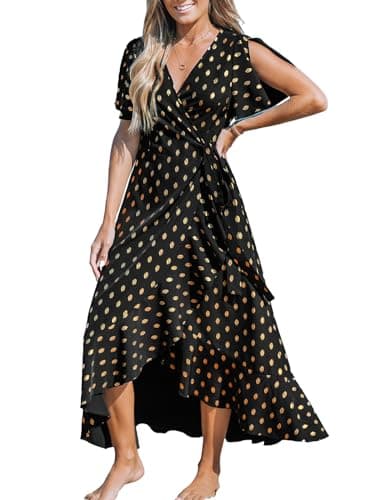 Image of CUPSHE Women Summer Wrap Maxi Dress Casual Split Flared Sleeve V-Neck Ditsy Dress Tie Waist Ruffle Beach Dress Black M
