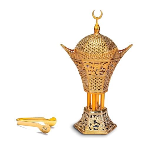 Image of AM Crescent Bakhoor Burner Gold — Metal Charcoal Oud Burner with Tongs | Filigree Mabkhara for Bakhoor & Frankincense | Gold Arabic Decor & Eid Gift