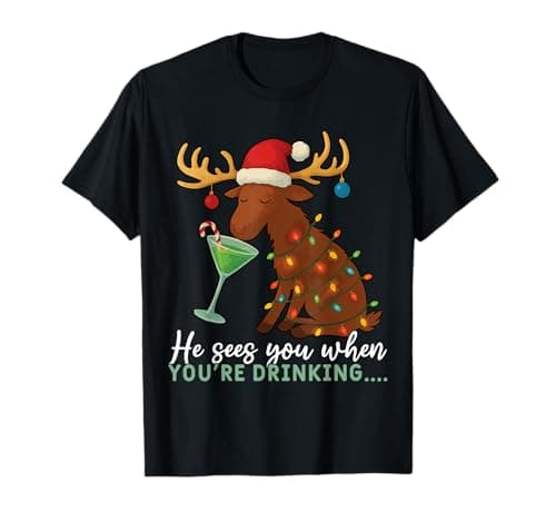 Image of He Sees You When You're Drinking Cocktail Christmas T-Shirt