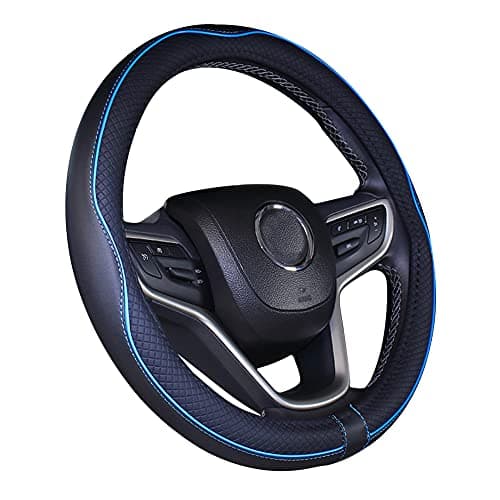 Image of Istn Microfiber Leather Car Steering Wheel Cover Universal 15 inch/38cm Breathable Anti-slip Protector for Auto/SUV (Black Blue,14.5-15")
