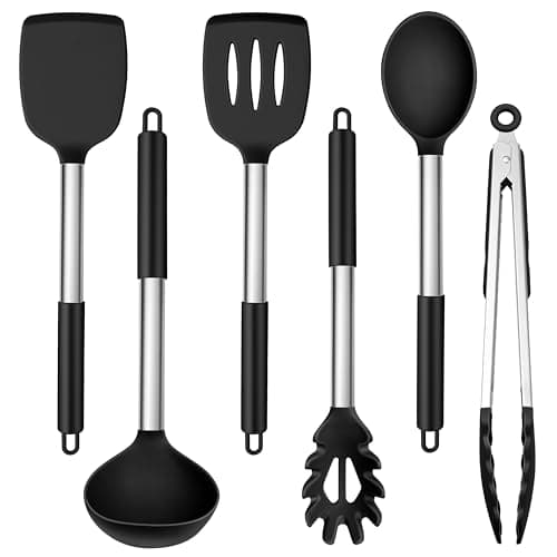 Image of Joyfair 6 Pieces Kitchen Utensils Set, Silicone with Stainless Steel Core Cooking Utensils Set, Black Gadgets Tools Include Spatula Turner Spoon, Non Toxic &Non-Stick, Heat Resistant & Dishwasher Safe