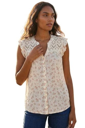 Image of Roman Lace Crinkle Top for Women UK - Ladies Broderie Anglaise Vest Blouse Yoke 100% Cotton Embroidered Shirt Casual Work Flattering Summer Holiday Boho T-Shirt - Floral Pink - Size 16