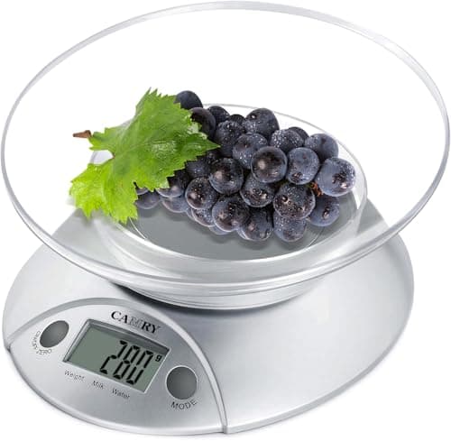 Image of CAMRY Digital Kitchen Scales with Bowl Electronic Food Weight Scales 0.6L Bowl Liquids in ml and fl. Oz. Tare Function LCD Display Easy Storage, 5kg/11lb, 2xAAA Batteries(Included)-Silver