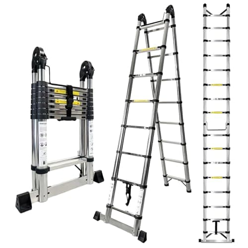 Image of Arstheco Telescopic Ladder 5M(2.5+2.5), Multi-Purpose Stainless Steel FoldableLadder, A-Frame Step Ladder With Anti-Slip Feet Safety Lock,150kg/330lb Max Load for Loft and Outdoor Use
