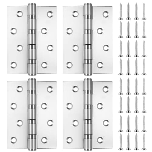 Image of 4 Pcs Heavy Duty Door Hinges 4 Inch/100mm, Ball Bearing Hinge, Stainless Steel Gate Hinges for Wooden Gates Cabinet Outdoor Internal Door Hinge, Silver, with 32 Pcs Screws