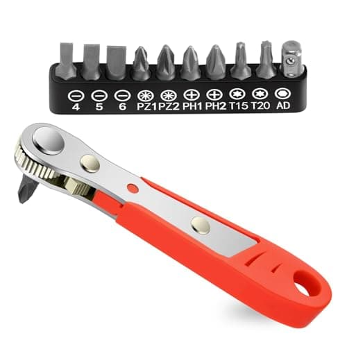 Image of Right Angle Phillips Magnetic Screwdriver – Mini 1/4” PH2 Ratchet Wrench with 10 Bits – Reversible High Torque Stubby Ratcheting Screwdriver – Compact Tool for Tight Spaces & DIY Repairs