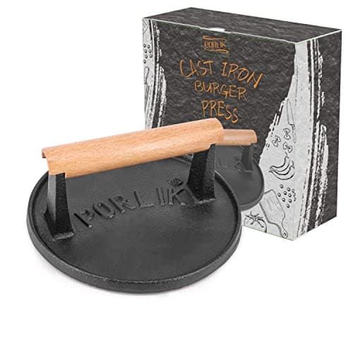 Image of [Heavy Duty 1KG] Cast Iron Burger Press - 7 Inch Round Meat Smasher with Stay-Cool Wooden Handle - Professional Grill Press for Smash Burgers, Steaks & Bacon - Pre-Seasoned Ridged Surface