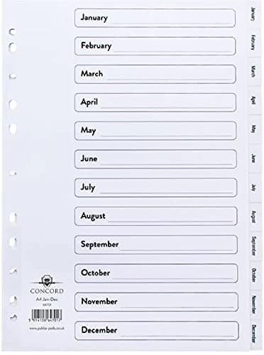Image of Concord White Index Polypropylene 120 Micron Europunched Jan-Dec A4 Ref 64701