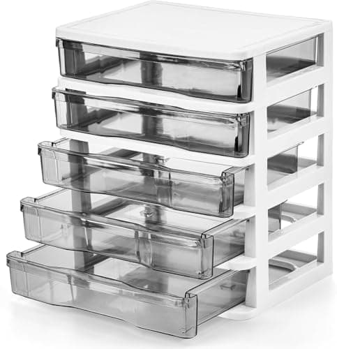 Image of DEAYOU 5 Drawer Desktop Storage Bin Unit, Small Plastic Organizer, White Frame with Clear Drawer, Mini Container Case for Desk, Storing Craft, Accessory, Stationery