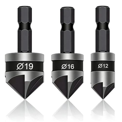 Image of 3 PCS 1/4 Inch Hex Shank, Countersink Drill Bit Hex Shank 5 Flute 90 Degree Center Countersink Bits Set 12mm 16mm 19mm for Woodworking, Wood Drill, Soft Metals (Black)