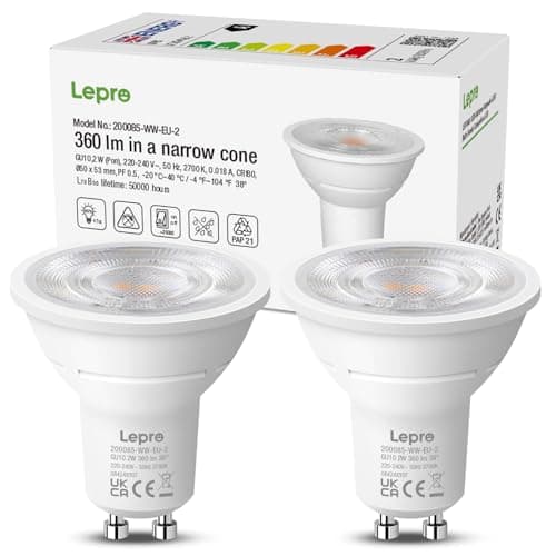 Image of Lepro GU10 LED Bulbs, Warm White 2700K, A Energy Class, 360LM, 2W (50W Equivalent), 38° Beam Angle, 50000H Long Life, 96% Energy Saving Spotlight Bulb, Non-Dimmable, 2 Packs