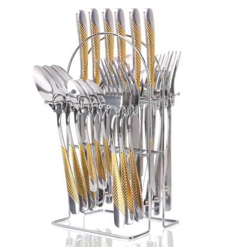 Image of Gilded Silverware Set, 24 Piece Cutlery Set with Holder, Service for 6, Mirror Polished Tableware Set for Home Kitchen (Gold Silvery)