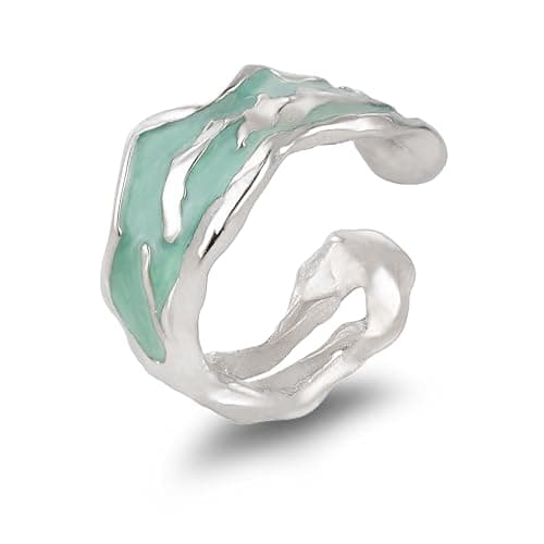 Image of Melhill 925 Sterling Silver Ear Cuffs Hypoallergenic Molten Texture Green Enamel Non Pierced Clip On Cartilage Wrap Adjustable Minimalist Statement Jewellery for Women
