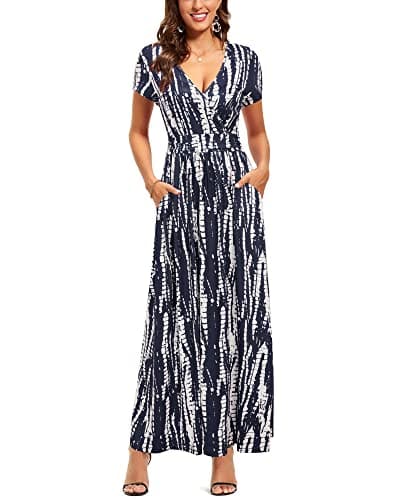 Image of OUGES Women's Summer Casual V Neck Short Sleeve Floral Pattern Wrap Ladies Maxi Long Dress with Pockets(Floral-16XL)