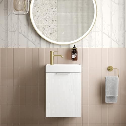 Image of BAYSTONE® Fluted 400mm Bathroom Vanity Unit Ceramic Wash Sink, Cloakroom Storage Furniture Under Basin Cabinet Wall Hung Cupboard, Matt White