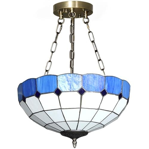 Image of HOMCOM 34 cm Tiffany Style Ceiling Light, Vintage Stained Glass Chandelier with 3 E27 Sockets, Semi Flush Mount Pendant Light for Living Room, Bedroom, Hallway, Bulbs Not Included, Blue and White