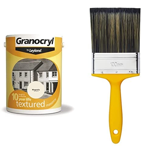 Image of Leyland Granocryl Textured Masonry, Magnolia, 5L & ProDec PR4GY Flat Masonry Paint Brush for Rapid Application of Smooth and Textured Masonry Paints