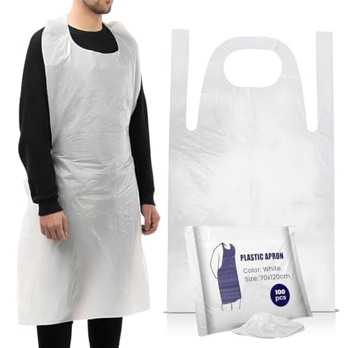 Image of 100 Disposable Aprons White Flat Pack Multipurpose Strong Waterproof Plastic Aprons in Bulk Sizes Quantity Ideal for Catering, Cooking, Clinics, Hospitality & Workplace Protection.