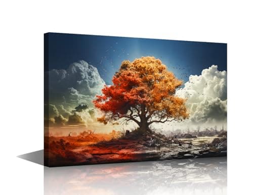 Image of 1Piece Artistic Colorful Tree Pictures Wall Art Framed Stretched Canvas Wall Art Landscape Paintings Modern Artwork Home Decor for Living Room Wall Art for Bedroom Wooden Ready to Hang 18x12in