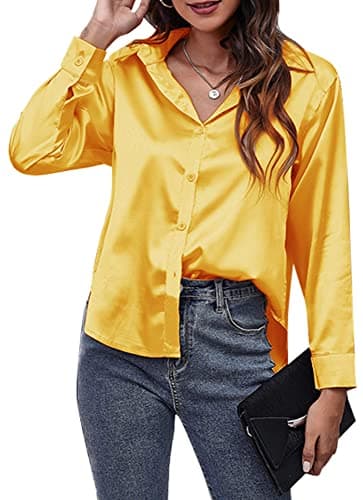 Image of Panegy Silk Tops Satin Lapel Shirts for Ladies Front Botton Down Blouses Casual Plain Long Sleeve Lapel Shirts for Women Office Work Business Holiday Wear Yellow M