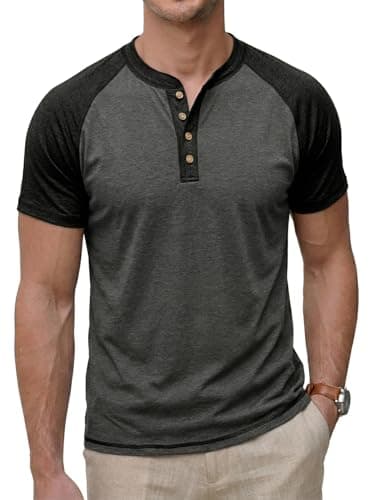 Image of CTU Men's Henley T-Shirt Grandad Raglan Sleeve Button Shirts Casual Contrast Coloured Tops XL Grey Black
