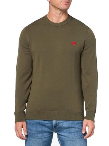 Image of HUGO Men's Small Woven Label Cotton Sweater, Spinach, Large, Spinach Green, L