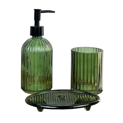 Image of 3 Piece Dark Green Ribbed Glass Bathroom Sink Accessories Set Liquid Soap Lotion Dispenser Tumbler/Toothbrush Holder Cup Oval Soap Dish